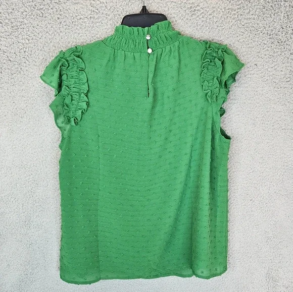 CeCe Womens Top Sz S Green Swiss Clip Dot Mock Neck Ruffles Teacher Career - Picture 7 of 12
